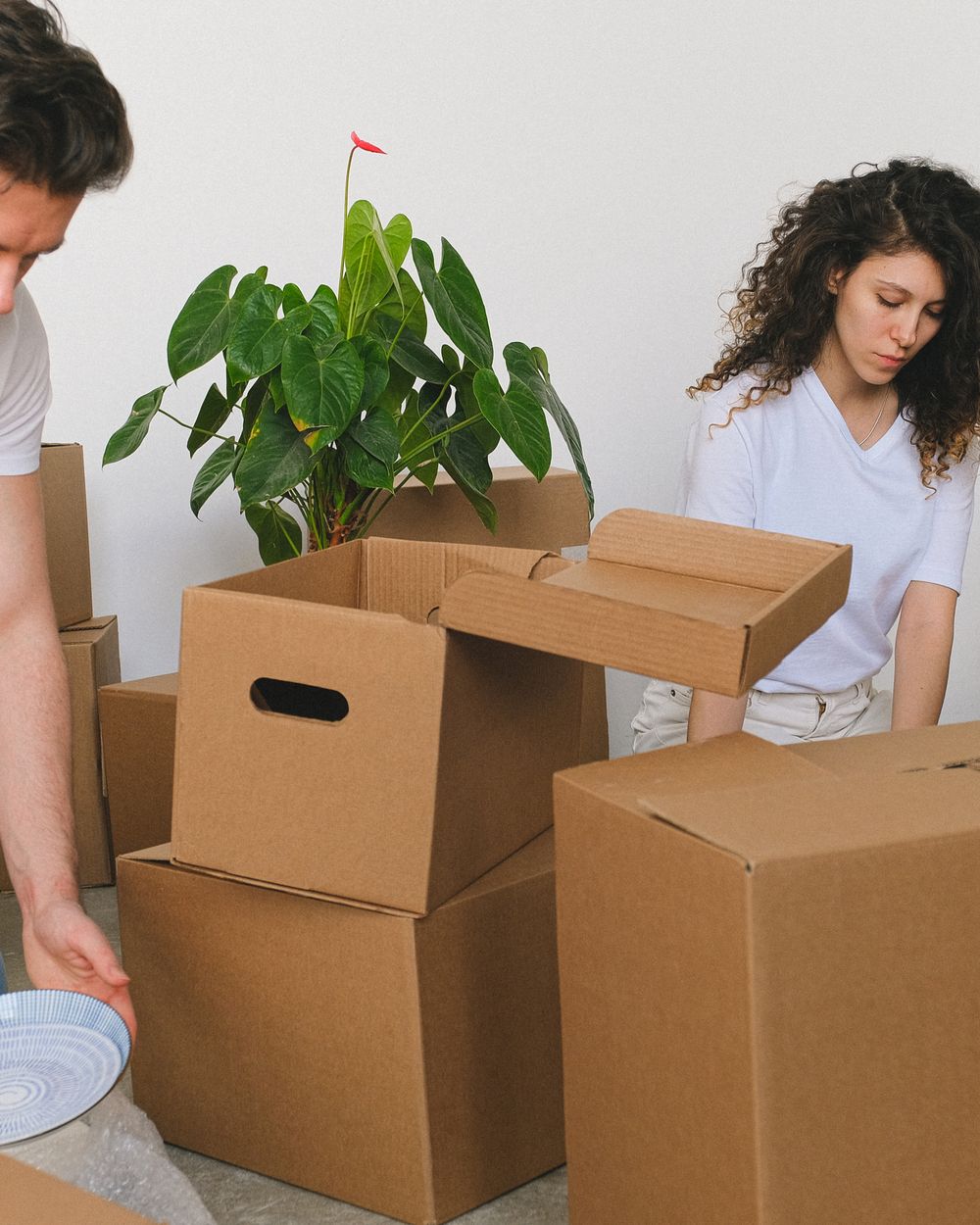 Two people carrying labelled cardboard boxes through a living room